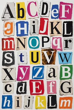 Colorful Cutout Alphabet Letters Arranged in Magazine Collage on White Background