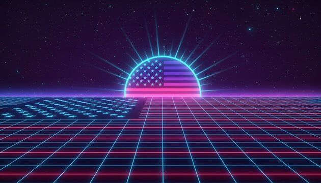 A retro futuristic digital landscape featuring a neon American flag emblem rising like the sun over a glowing grid