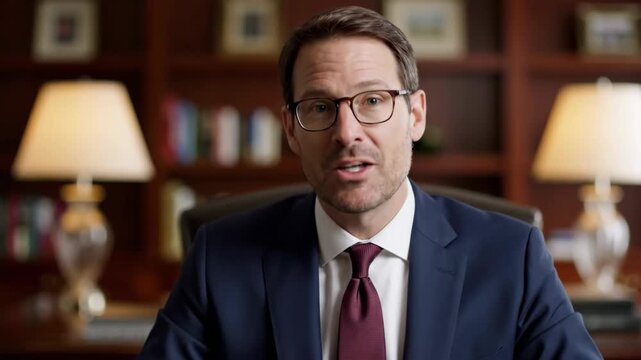 Professional man in a suit speaking to camera. Executive delivering a corporate message or job interview. Marketing consultant presentation in a home office