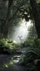 Obraz premium Sunlight filters through the towering trees, casting a serene glow on the lush ferns. A proud stag stands silently, embodying the wild spirit of this ancient forest