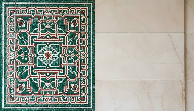 Intricate green and red geometric mosaic tile art presented alongside smooth beige stone wall panels