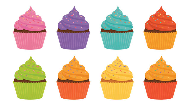 Colorful cupcakes with frosting and sprinkles on white background
