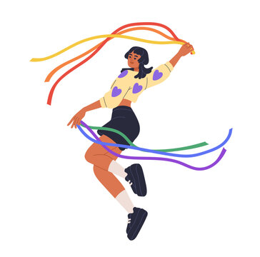 Young woman dancing with dynamic rainbow colored ribbons for Pride Month celebration. Happy lesbian girl celebrating LGBTQ with colorful symbols. Flat vector illustration isolated on white background.