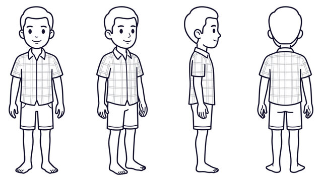 Child character design template showing front and profile views for animation in black line.