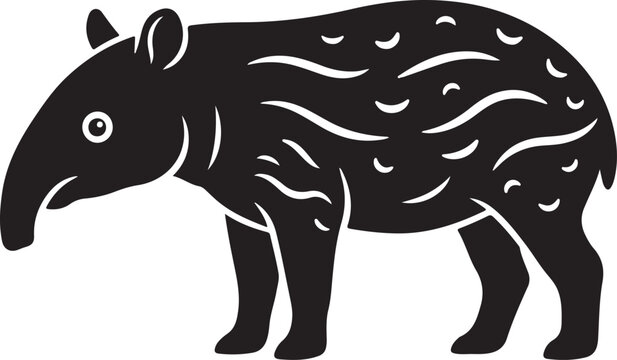 Black tapir silhouette with white wavy lines pattern, isolated on white background, clean graphic illustration