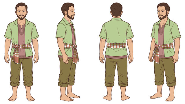 Middle aged man with beard in traditional southeast asian attire character turnaround views.
