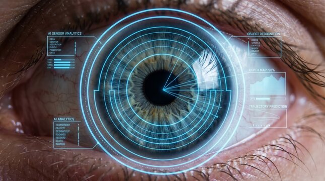 Human eye with AI digital interface overlay and sensor analytics