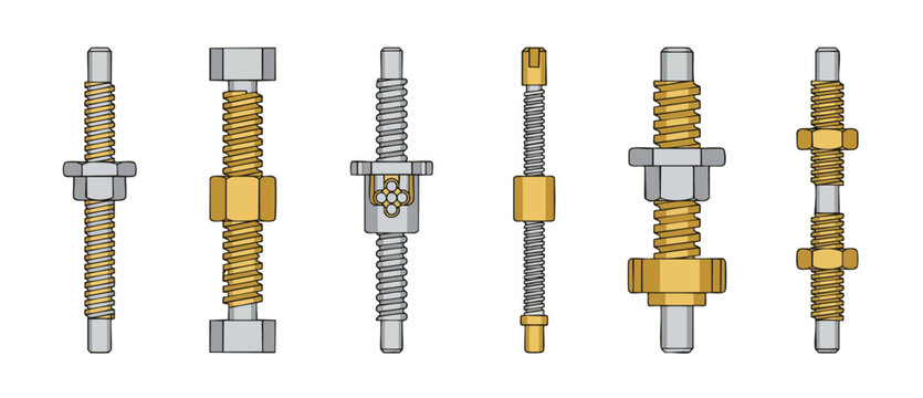 Lead Screw Set With Nut Mechanical Engineering Parts Isolated on White, Precision Threaded Rod Assemblies for Industrial CNC Machinery, Automation Motion Control Systems, Metal Hardware Components.