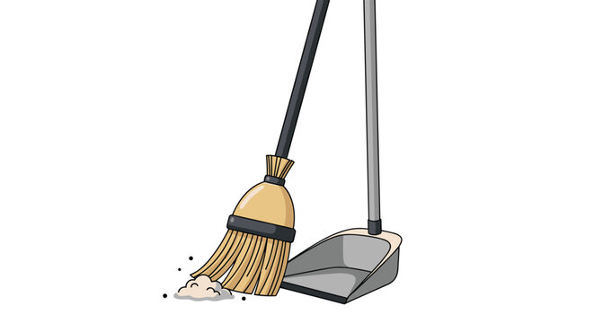 Traditional straw broom and a grey plastic dustpan are shown together with a small pile of dust collected on the floor.