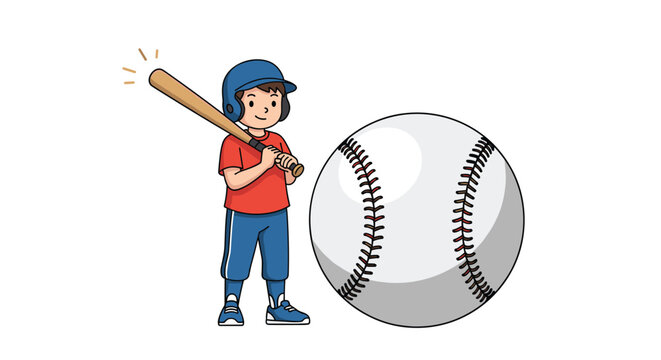 Little boy baseball player in a red jersey and blue helmet holding a bat next to a giant white baseball on a white background.