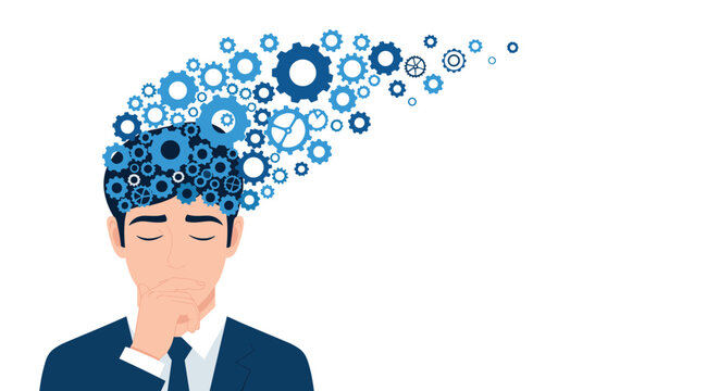 Serious businessman thinking with numerous blue gears and cogs making up his hair against a white background with empty space.