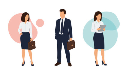 Obraz premium Three professional business people in suits standing together with briefcases and a tablet for a corporate meeting.