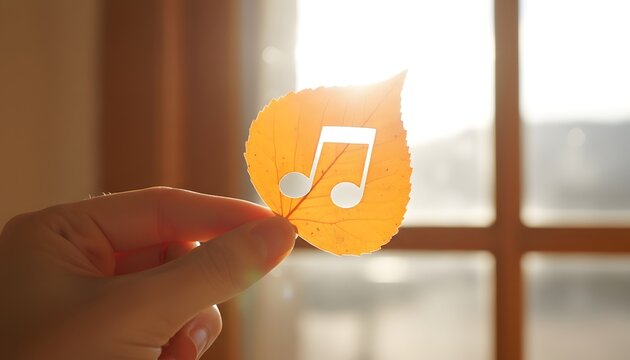 A hand holds a yellow autumn leaf with a music note cutout illuminated by warm sunlight