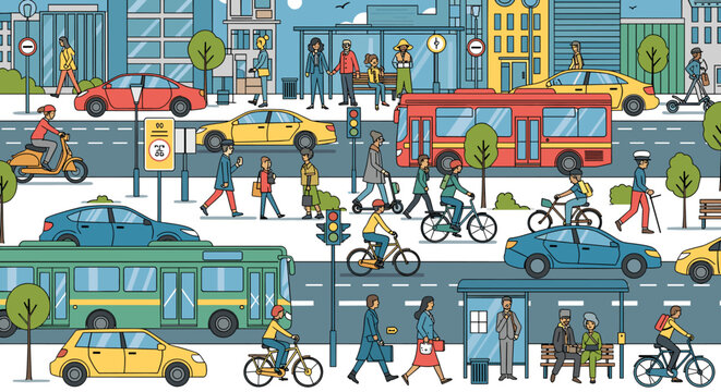 A vibrant and detailed illustration of a bustling city street with diverse people, vehicles, and urban infrastructure.