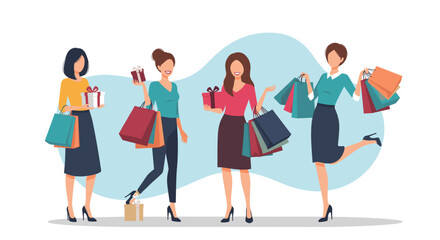 Obraz premium Group of fashionable women holding many colorful shopping bags and gift boxes while celebrating successful shopping spree with friends.