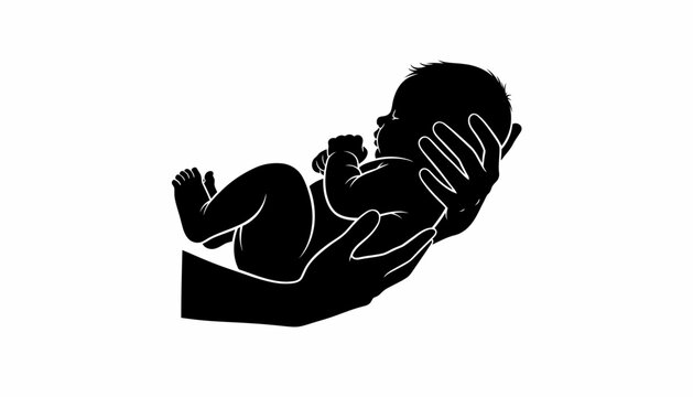 Silhouette illustration of a newborn baby held in protective adult hands.