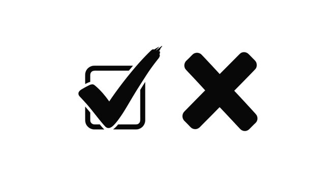 Simple black icons of check mark inside box for correct choice and cross mark for wrong answer or rejection symbols.