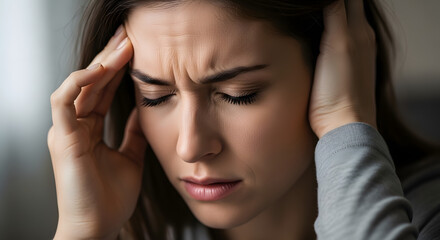 Fototapeta premium A woman with her hands on her head and her eyes closed in frustration or pain, a close-up photograph in natural light.