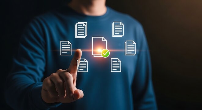 Man in blue shirt interacting with digital documents and checkmark finger pointing