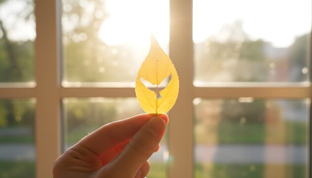 A hand holds a yellow leaf with a bird silhouette cutout illuminated by warm sunlight streaming through a window