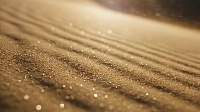 Close up of golden sand dunes with wind blowing fine sparkling particles under warm sunset light, creating an ethereal and serene atmosphere.