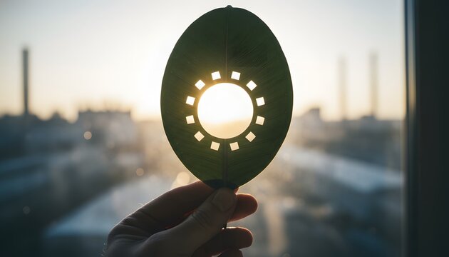 A hand holds a green leaf with a sun shaped cutout allowing golden sunlight to shine through against a blurred industrial cityscape at dawn