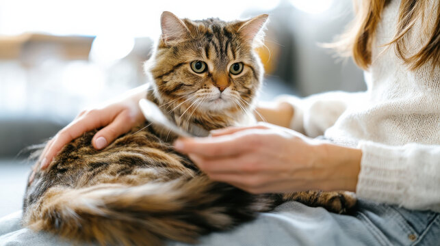 Person petting cat while using phone, cozy home lifestyle, technology and pet ownership