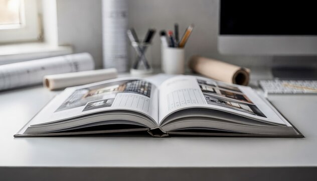 Largeformat architecture book open wide sharp focus on the detailed layout and binding edge with a softly blurred creative workspace behind.