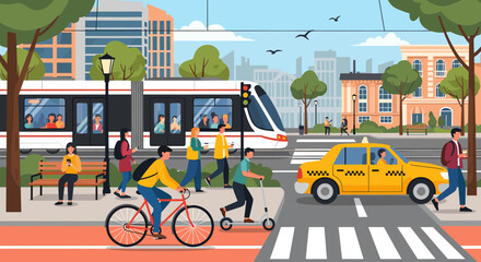 Vibrant city life illustration featuring diverse modes of transport like trams, taxis, bicycles, scooters, and numerous pedestrians on a busy street. © Ngeluspupu