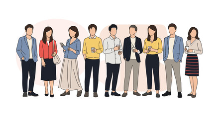 Fototapeta premium Large diverse group of men and women standing in a line, dressed in casual and professional attire for a community scene.