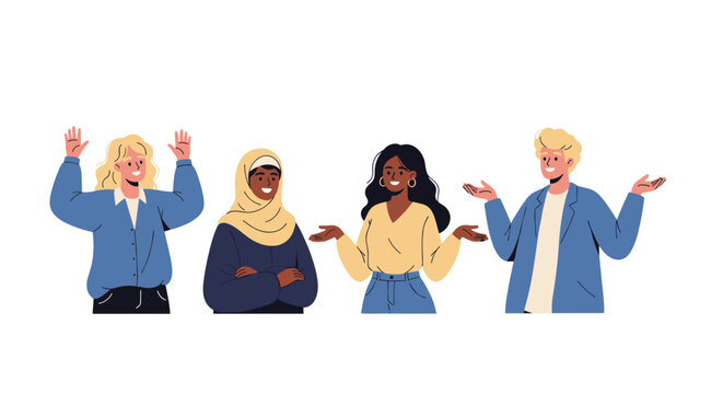 Group of four diverse young men and women are shrugging their shoulders and looking confused with questioning expressions.