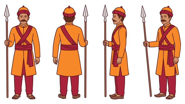 Mughal indian guard character design sheet in orange tunic with spear and turban outfit.