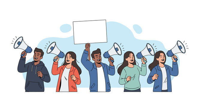 Diverse group of protesters shouting through megaphones and holding up a blank white sign for a custom message demonstration.
