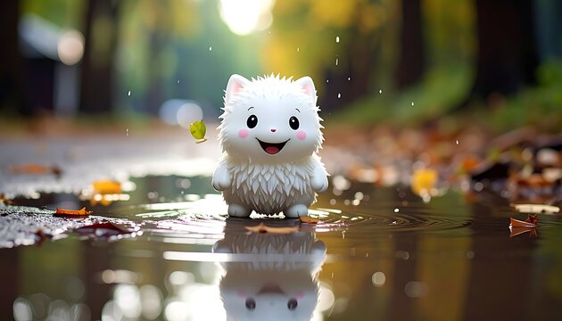 Small fluffy white creature in puddle, autumn leaves falling. Cute, round, soft focus, warm colors. Dreamy