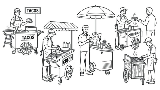 Line art of food vendors and stalls selling crepes, tacos, and hot dogs.