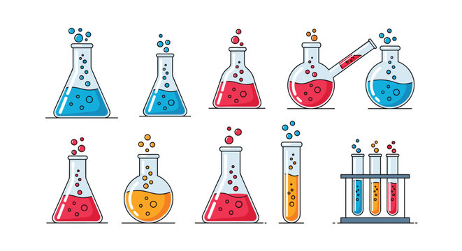 Laboratory glassware collection featuring flasks and test tubes filled with colorful bubbling liquids for science and chemistry concepts.