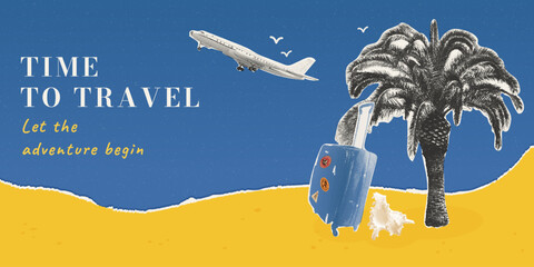 Obraz premium An airplane flies over a tropical palm tree with a travel suitcase on the beach sand. Trendy halftone collage. Inspirational banner for vacations and adventures. Creative collage-style design for a