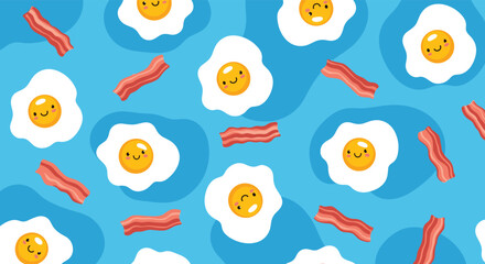 Fototapeta premium Seamless pattern featuring cute cartoon fried eggs with smiling faces and strips of bacon on a light blue wavy background.