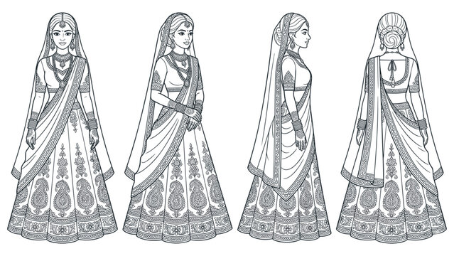 Traditional Indian bride in beautiful lehenga attire from multiple viewpoints.