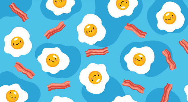Seamless pattern featuring cute cartoon fried eggs with smiling faces and strips of bacon on a light blue wavy background.