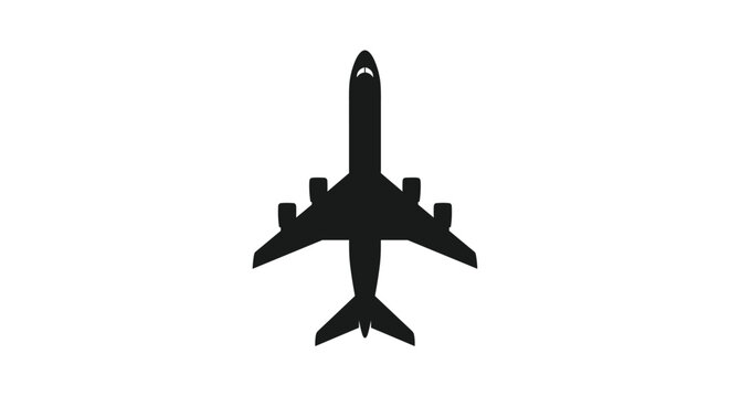Symmetrical black silhouette of a large four-engine passenger airplane seen from a direct top-down view for travel concepts.