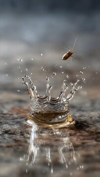 insect jumping on water surface creating splash