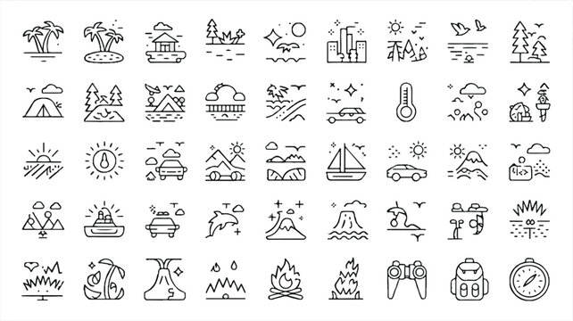 set of line icons for travel and outdoor activities and nature