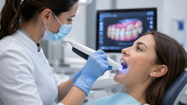 Female dentist using intraoral scanner to create a 3D digital model of teeth