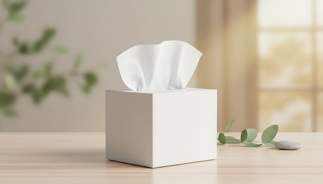 White tissue box mockup on wooden table in minimalist room