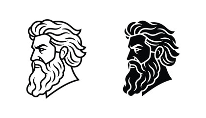 Majestic bearded man head profile portrait icon featuring greek god aesthetic in clean line art and solid black silhouette styles for character design and mythological branding © John
