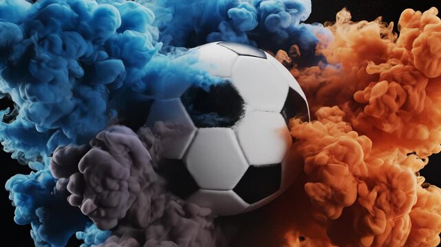 Soccer ball with colorful smoke explosion ideal for sleek commercial backgrounds and title sequences