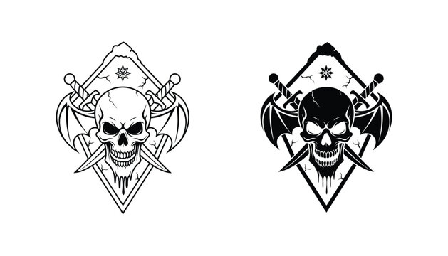 Menacing skull with bat wings and crossed daggers emblem vector illustration in sharp black and white line art suitable for dark fantasy or tattoo designs