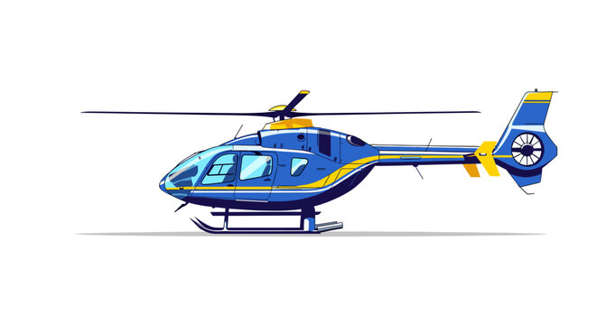 A sleek, modern blue and yellow helicopter is depicted in a side profile against a clean white background, showcasing its aerodynamic design and rotor system.