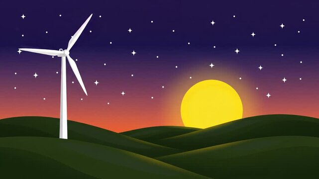 Wind turbine in landscape with big sun rising illustration